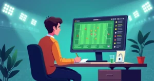 Ilustração de apostador analisando sinais suspeitos em jogo de futebol na tela do computador