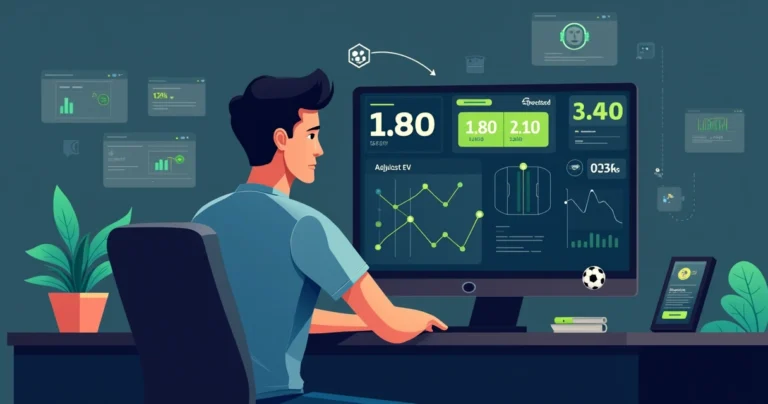 Ilustração de apostador analisando EV em apostas de futebol com gráficos e odds na tela