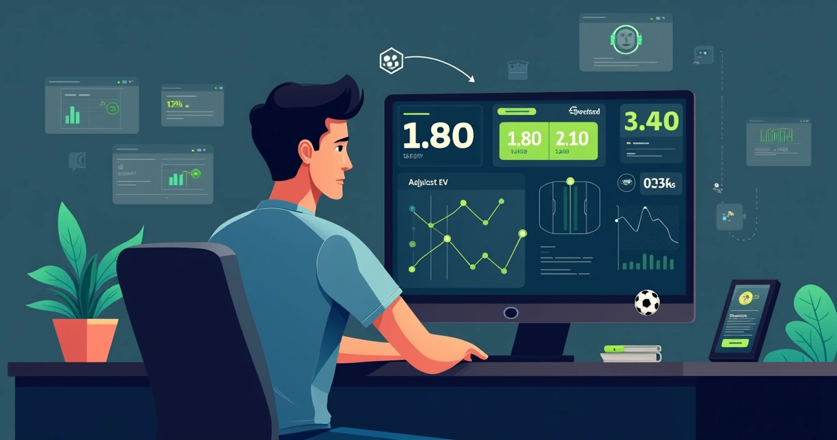 Ilustração de apostador analisando EV em apostas de futebol com gráficos e odds na tela