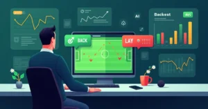 Ilustração de trader analisando estratégias lay e back em jogo de futebol no notebook