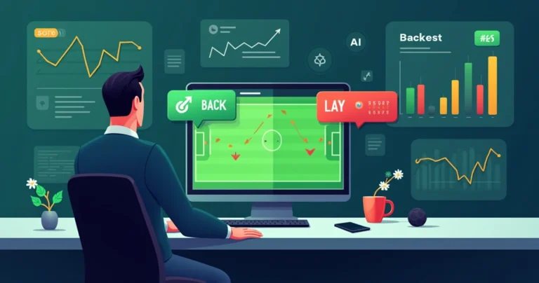 Ilustração de trader analisando estratégias lay e back em jogo de futebol no notebook