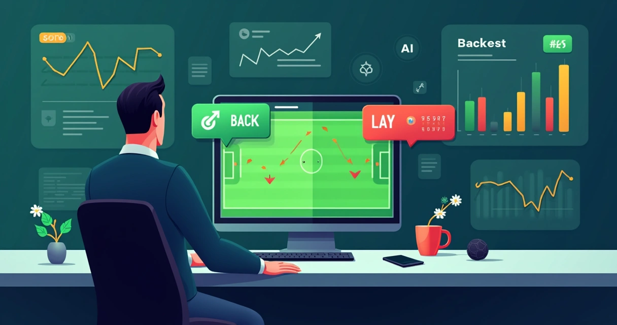 Ilustração de trader analisando estratégias lay e back em jogo de futebol no notebook