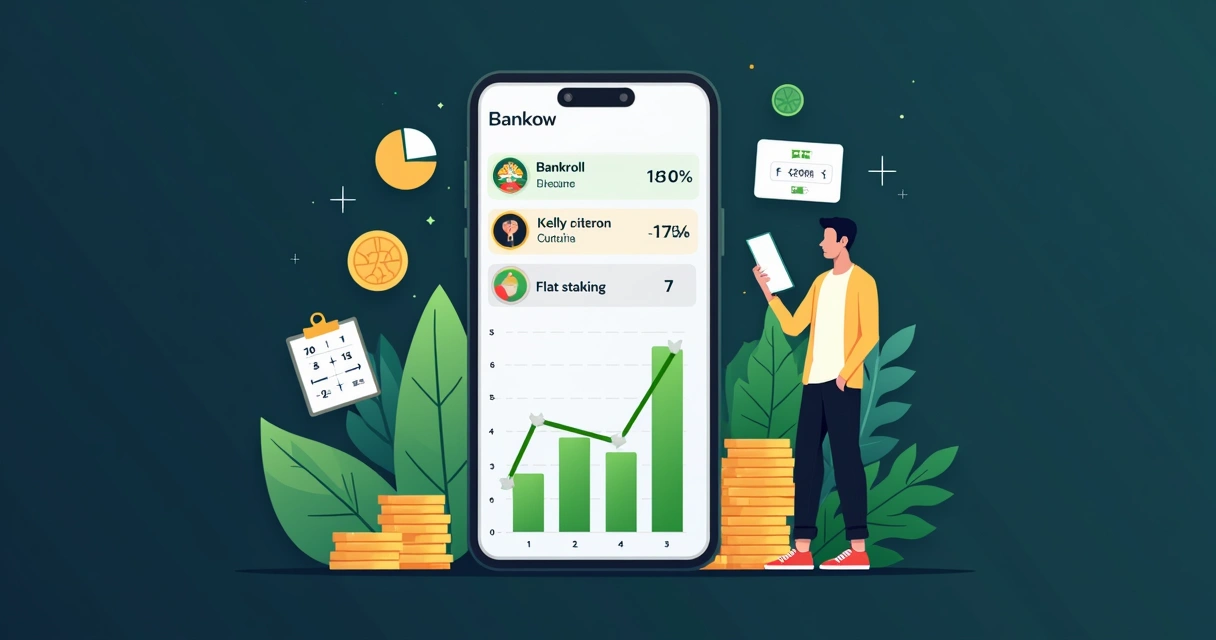 Ilustração de gestão de banca em apostas com gráficos e fichas esportivas