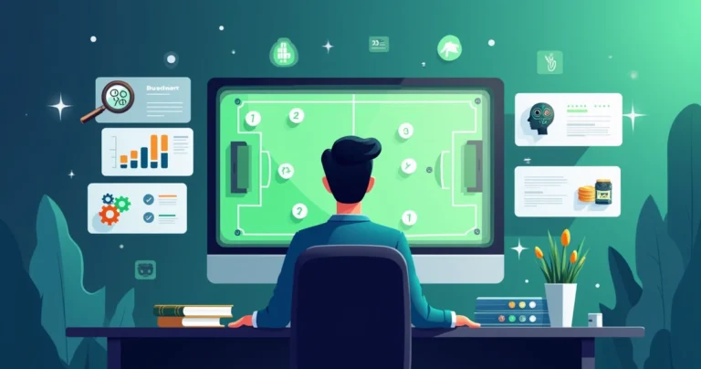 Ilustração de apostador analisando odds de futebol com gráficos e gestão de banca