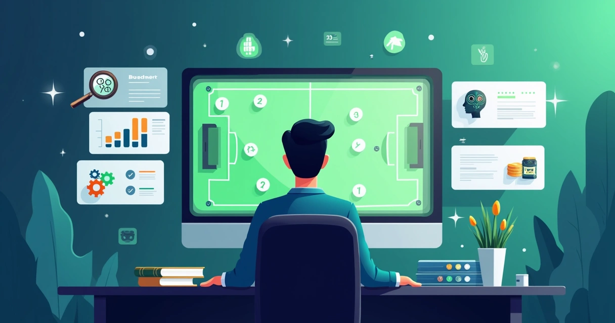 Ilustração de apostador analisando odds de futebol com gráficos e gestão de banca