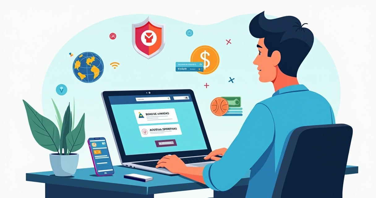 Homem analisando sites de apostas em notebook com ícones esportivos ao redor