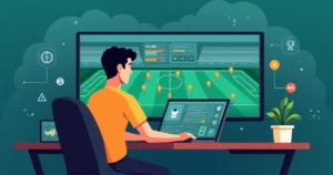 Ilustração de apostador analisando dados de futebol em plataforma online
