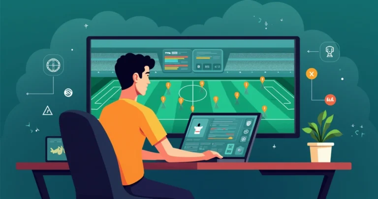Ilustração de apostador analisando dados de futebol em plataforma online