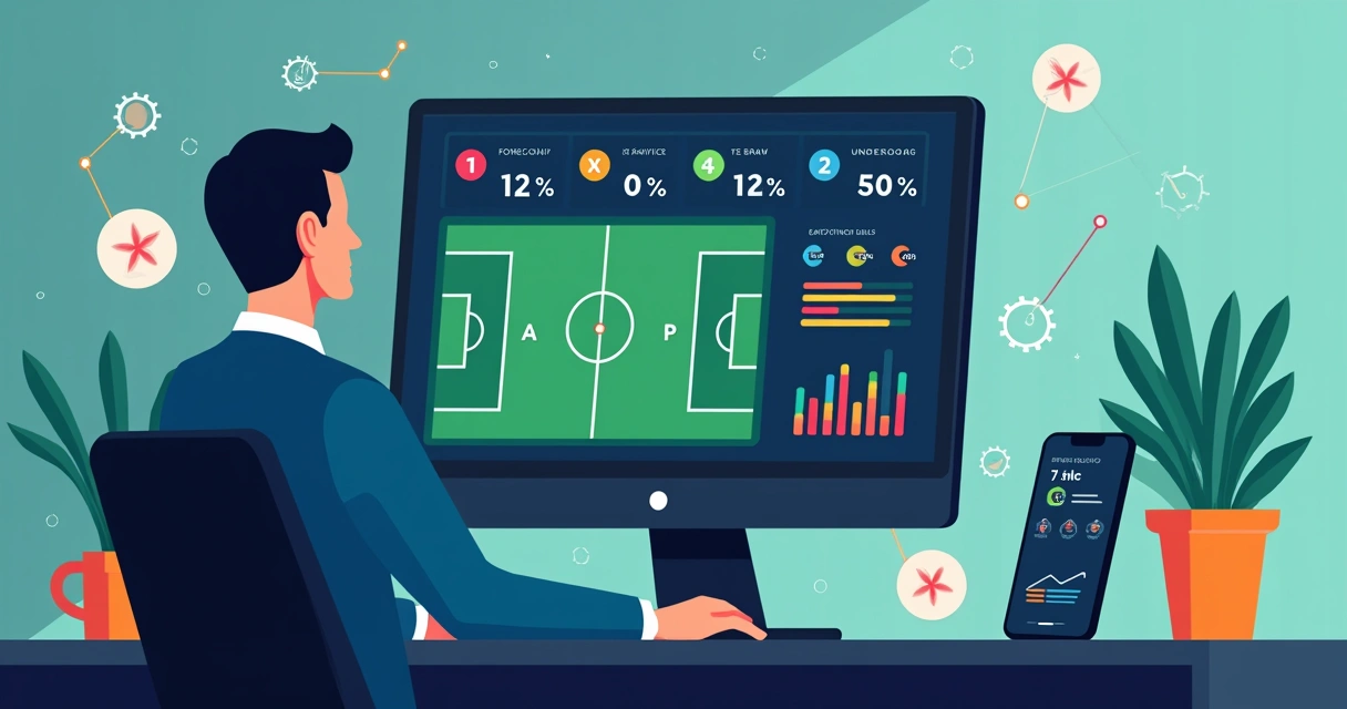 Ilustração de apostador analisando mercado 1X2 em tela com dados e probabilidades