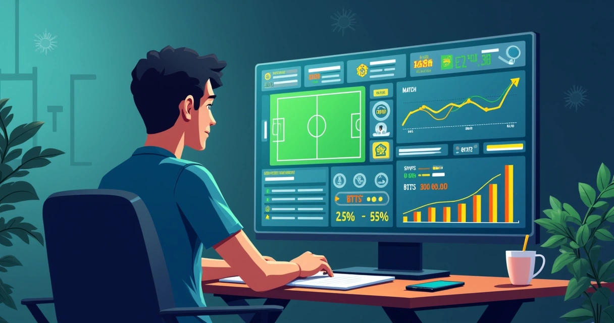 Ilustração de apostador analisando mercados de apostas de futebol em painel de dados
