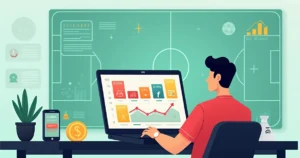 Ilustração de apostador analisando sistemas de apostas em futebol com gráficos e gestão de banca