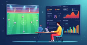 Ilustração de apostador analisando value bet em jogo de futebol com gráficos de probabilidades