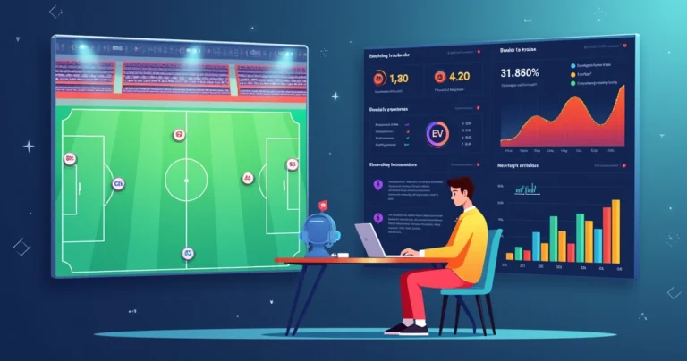 Ilustração de apostador analisando value bet em jogo de futebol com gráficos de probabilidades