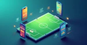 Comparação visual de apps de estatísticas de futebol em painel com gramado isométrico