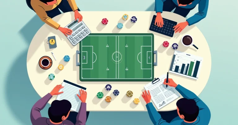 Mesa com elementos visuais de estratégias e apostas esportivas