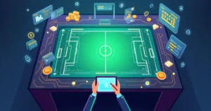 Apostador analisa apostas esportivas em painel com gráficos e campo de futebol estilizado