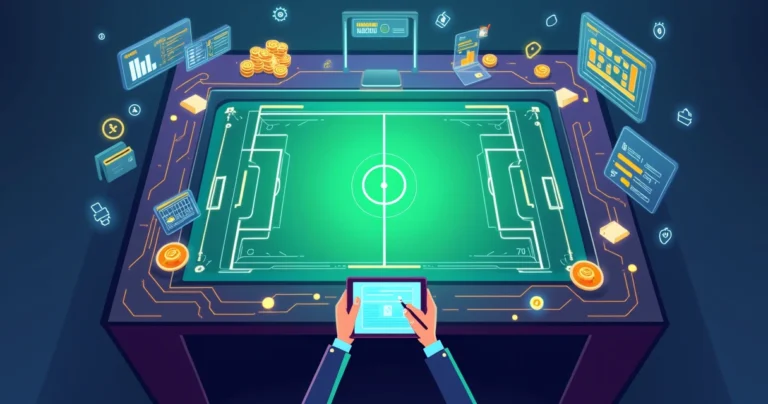 Apostador analisa apostas esportivas em painel com gráficos e campo de futebol estilizado