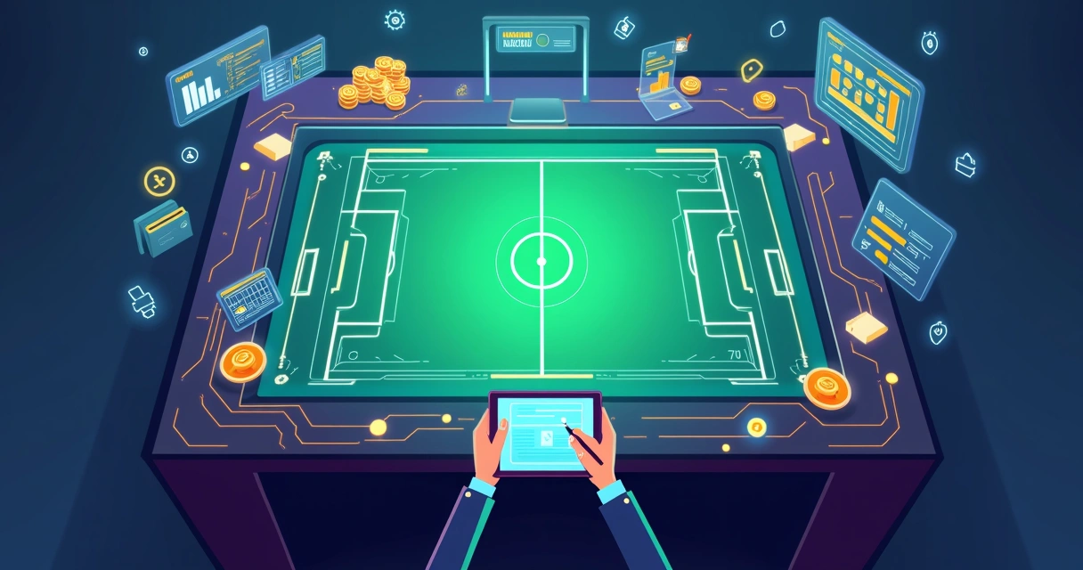 Apostador analisa apostas esportivas em painel com gráficos e campo de futebol estilizado