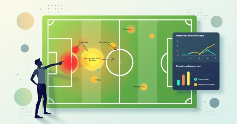 Gráfico de pressão em campo de futebol com mapa de calor e setas de marcação alta