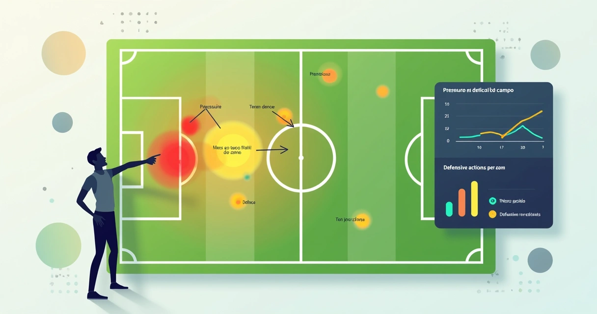Gráfico de pressão em campo de futebol com mapa de calor e setas de marcação alta