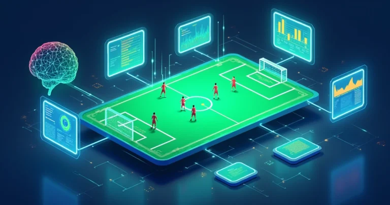 Ilustração de cérebros artificiais analisando dados de futebol em plataformas digitais