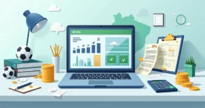 Ilustração de declaração de imposto de renda com foco em apostas esportivas em tela de notebook