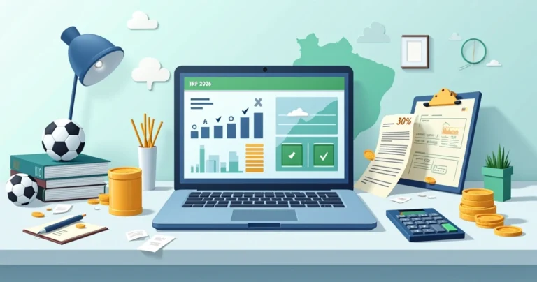 Ilustração de declaração de imposto de renda com foco em apostas esportivas em tela de notebook