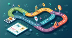 Mapa de rotas com ícones de apostas esportivas, gráficos e gestão de banca