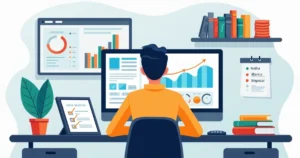 Apostador esportivo profissional analisando dados em home office organizado