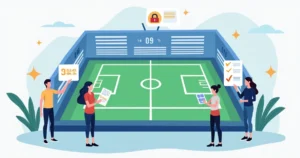 Ilustração de aposta segura em painel digital de futebol com cadeado e cálculo de probabilidades