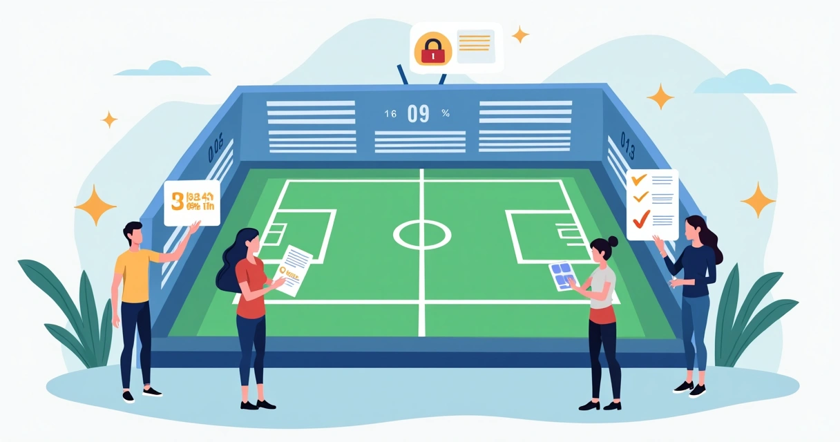 Ilustração de aposta segura em painel digital de futebol com cadeado e cálculo de probabilidades