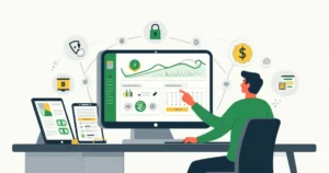 Apostador acompanhando gráficos de apostas e controle de banca em vários dispositivos