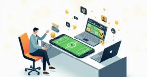Pessoa instalando app de apostas em smartphone com interface esportiva na tela