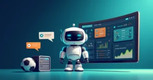Robô de apostas analisando probabilidades esportivas em painel digital