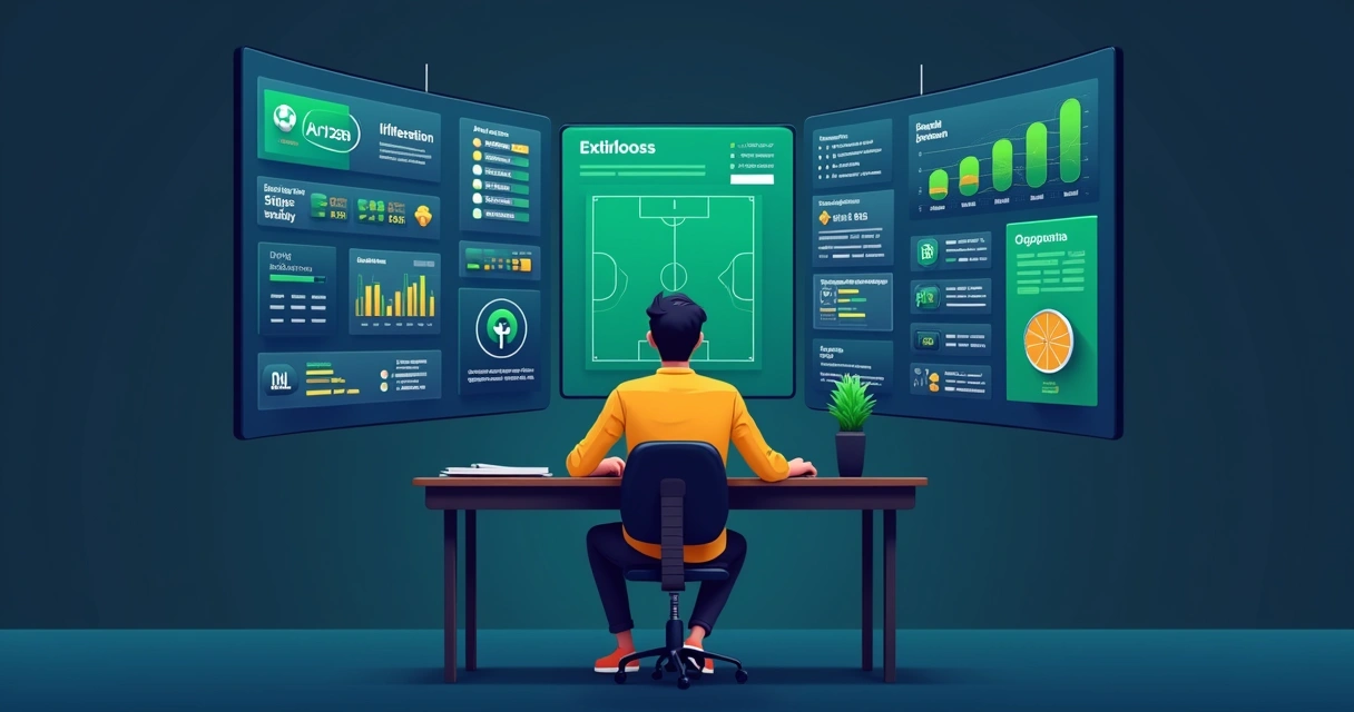 Apostador brasileiro analisando múltiplas plataformas de estatísticas de futebol em painel digital