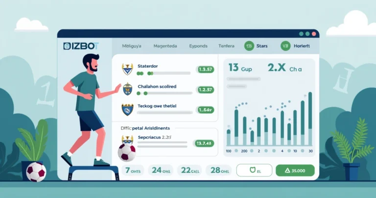 Ilustração corporativa mostrando configuração de robô de apostas com gráficos, números e times de futebol