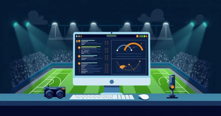 Ilustração corporativa flat de um computador com código de robô de apostas em tela, gráficos de probabilidades e futebol ao fundo