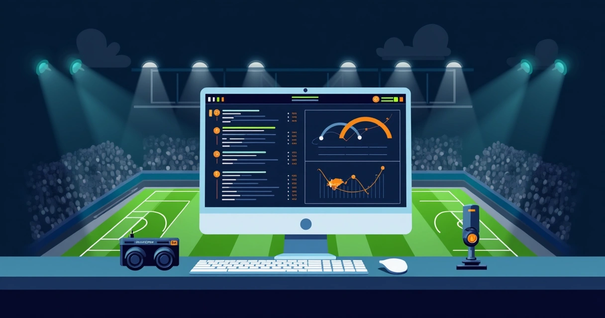 Ilustração corporativa flat de um computador com código de robô de apostas em tela, gráficos de probabilidades e futebol ao fundo